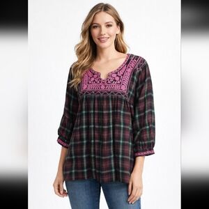 Sister Mary Vibrant Pink Embroidered Plaid Blouse with Pink Embroidery Sz Medium